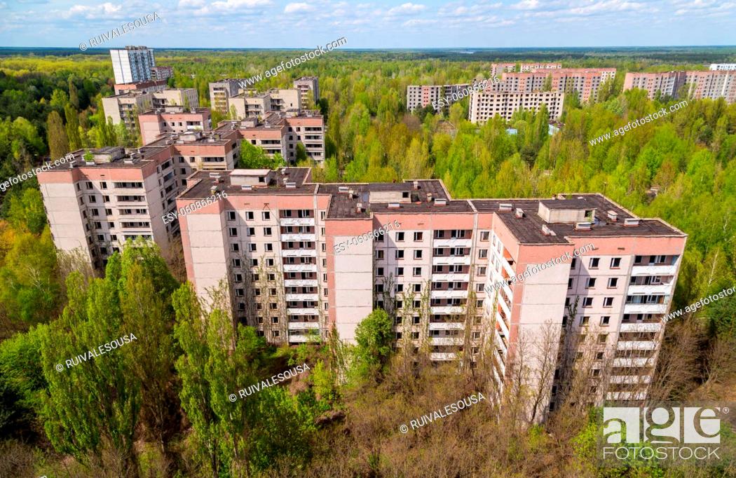 Stock Photo: Aerial view on residential area of abandoned Pripyat city in Chernobyl Exclusion Zone, Ukraine.