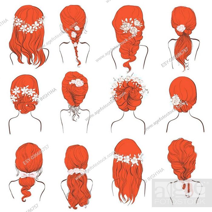 set of different hairstyles, wedding hairstyles, hair styles with flowers,  Stock Vector, Vector And Low Budget Royalty Free Image. Pic. ESY-036686757  | agefotostock
