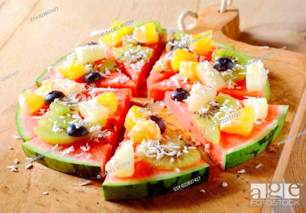 Stock Photo: Tasty juicy tropical fruit watermelon pizza.