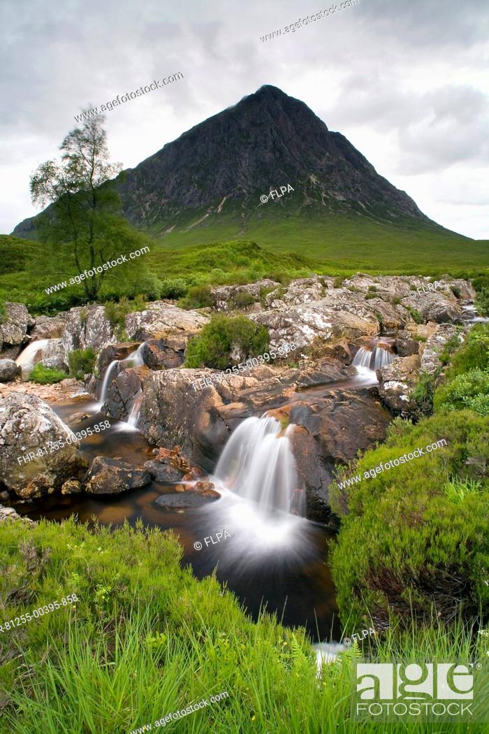 Stock Photo: View of moorland with small waterfalls in rocky stream and mountain in background, Stob Dearg, Buachaille Etive Mor, Glen Etive, Highlands, Scotland, june.