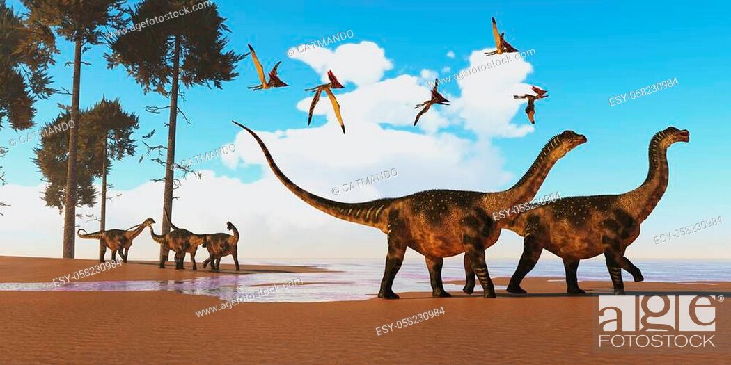 Stock Photo: A flock of Thalassodromeus reptiles fly over a herd of Antarctosaurus dinosaurs on their way to search for fish prey.
