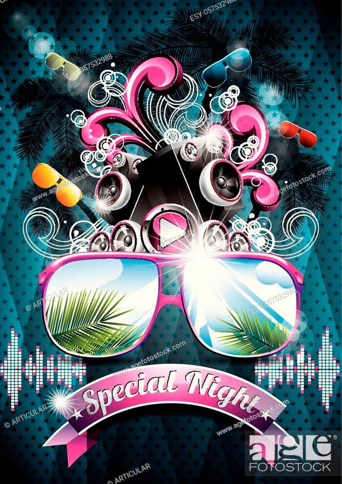 Vector Summer Beach Party Flyer Design with speakers and sunglasses on blue  background, Stock Vector, Vector And Low Budget Royalty Free Image. Pic.  ESY-057532988 | agefotostock