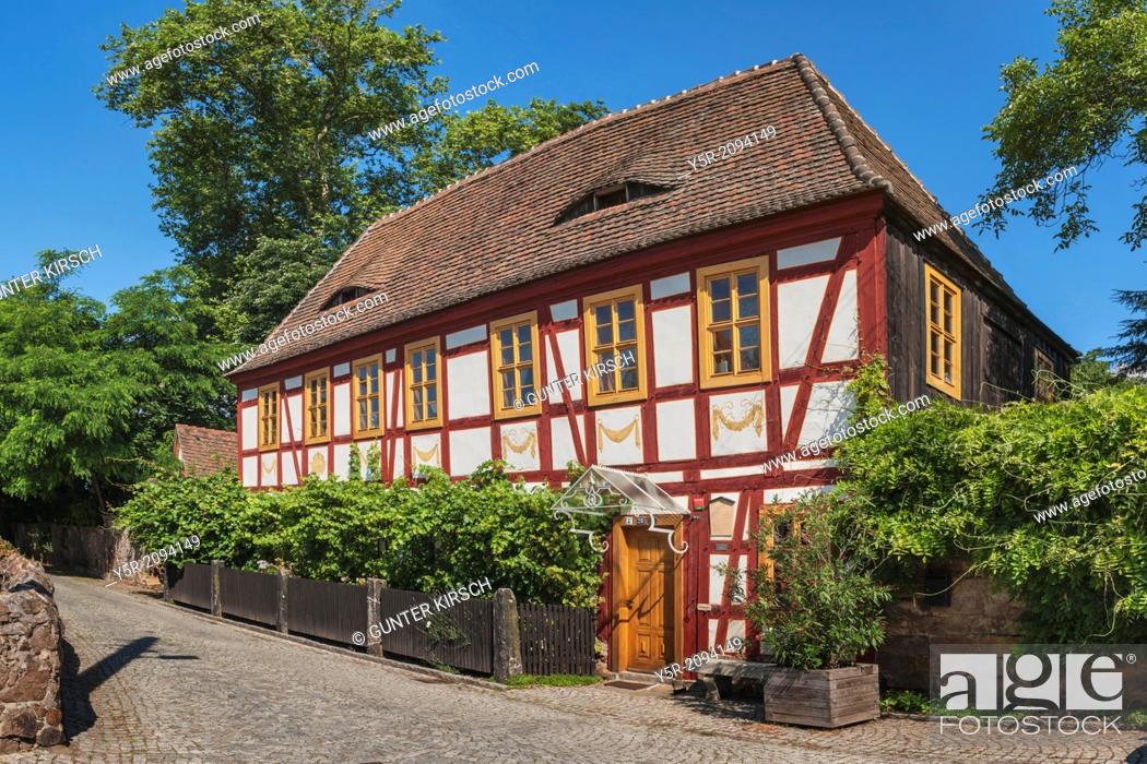 Stock Photo: House Lorenz is a listed winegrower's House, Weinbergstrasse 28. The timber-frame house is located in Radebeul near Dresden, Meissen, Saxony, Germany, Europe.