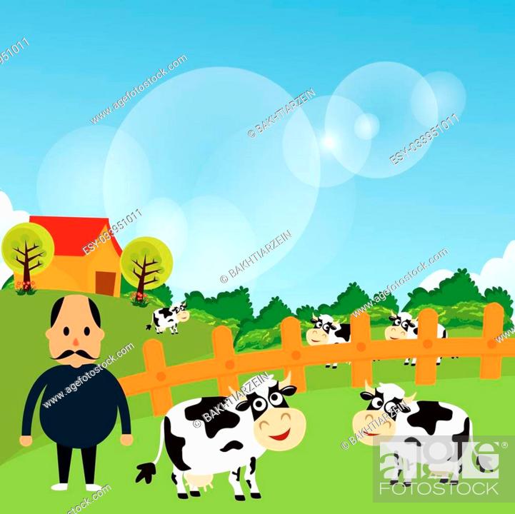farmer stand with his farm cow cattle eat grass in green grass field cartoon  vector drawing..., Stock Vector, Vector And Low Budget Royalty Free Image.  Pic. ESY-033951011 | agefotostock