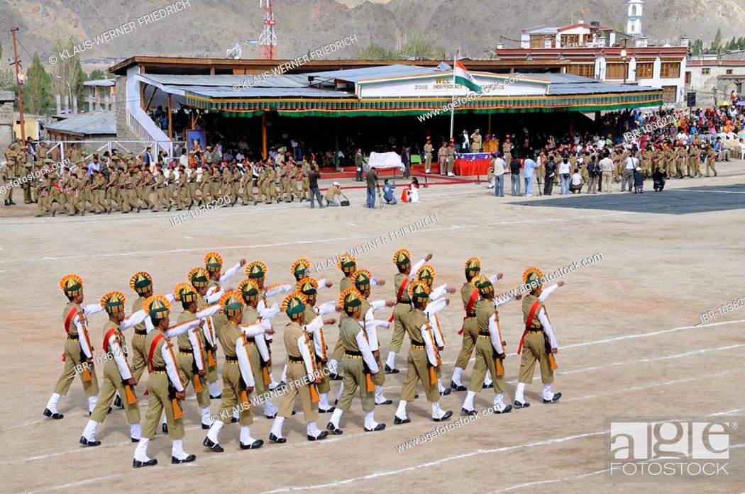 Stock Photo: Indian soldiers from the base camp, Kashmir conflict, at a parade on Independance day, 15th September, on a former polo field in Leh, Ladakh, North India.