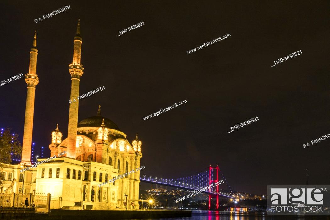 Stock Photo: Istanbul, Turkey The Ortaköy Mosque under the Bosphorus Bridge, known officially as the 15 July Martyrs Bridge and unofficially as the First Bridge.