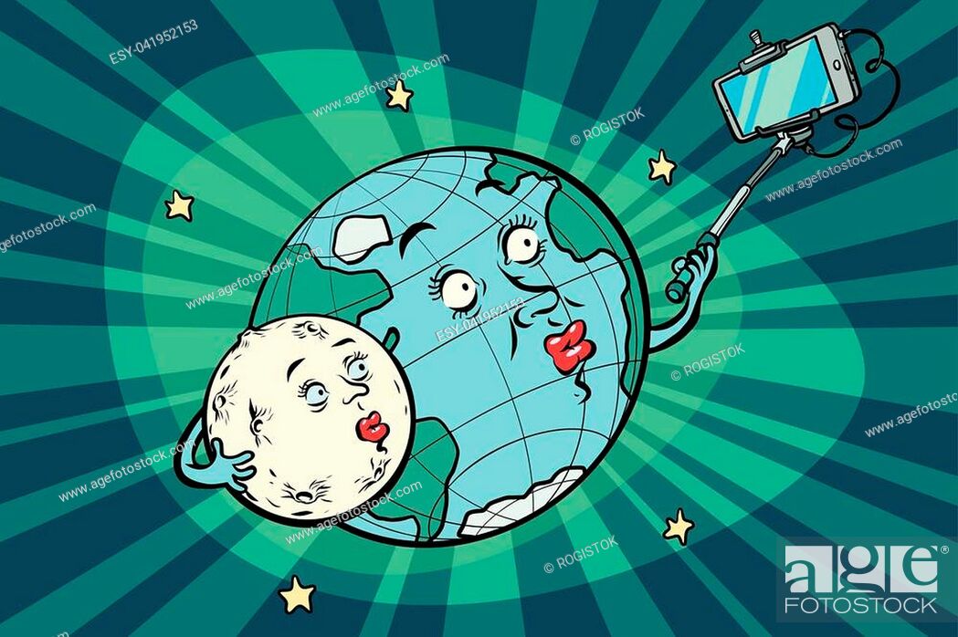planet Earth and Moon couple taking selfie on phone. Comic book cartoon pop  art retro drawing..., Stock Vector, Vector And Low Budget Royalty Free  Image. Pic. ESY-041952153 | agefotostock