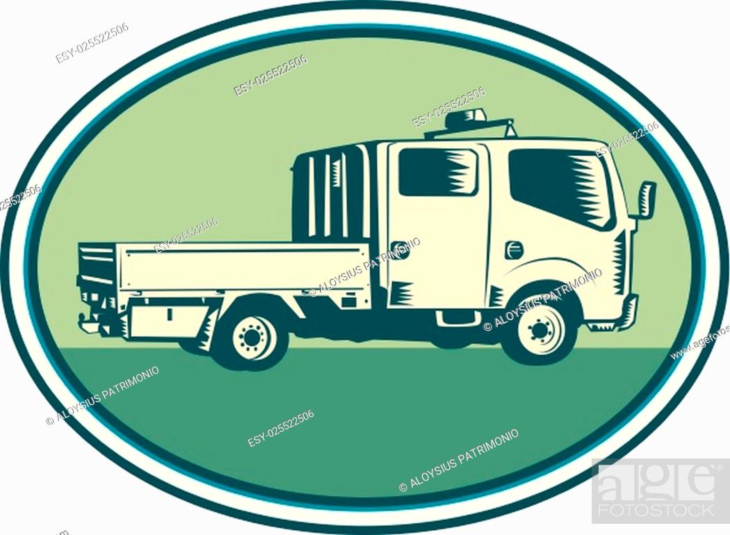 Vector: Illustration of a double cab pick-up truck viewed from side set inside oval shape on isolated background done in retro woodcut style.
