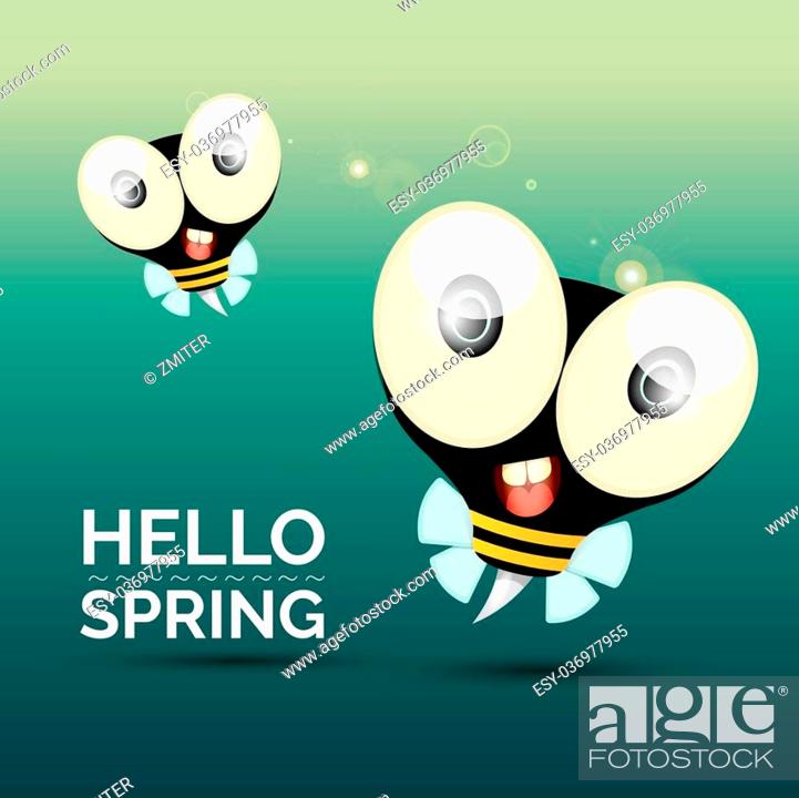 Stock Vector: Hello spring . cartoon cute bright baby bee. vector illustration.
