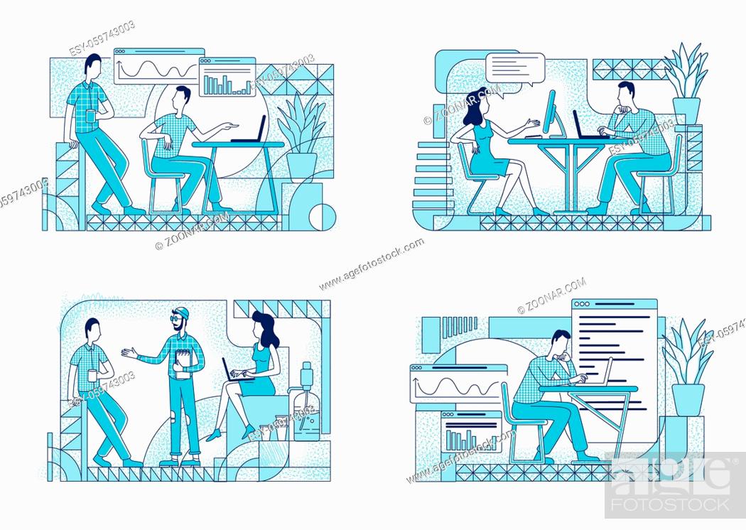 Imagen: Employees at work flat silhouette vector illustrations set. Workers with computers in office outline characters on white background.