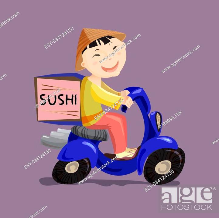 Sushi or China food delivery concept. Cartoon character japanese boy riding  on scooter or motorcycle, Stock Vector, Vector And Low Budget Royalty Free  Image. Pic. ESY-034124130 | agefotostock