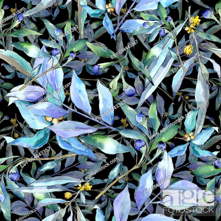 Stock Photo: Blue elaeagnus leaves in a watercolor style. Seamless background pattern. Fabric wallpaper print texture. Aquarelle leaf for background, texture.