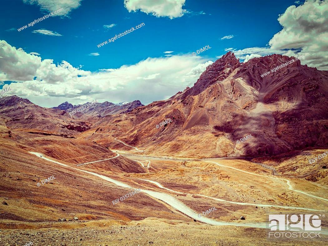 Stock Photo: Vintage retro effect filtered hipster style image of famous Manali-Leh high altitude road road to Ladakh in Indian Himalayas.