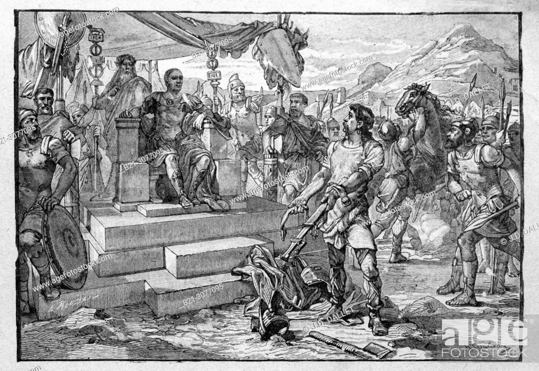 Stock Photo: France. Vercingetorix surrenders to Caesar. Vercingetorix ( c. 82 BC - 46 BC) was a king and chieftain of the Arverni tribe; he united the Gauls in a revolt.