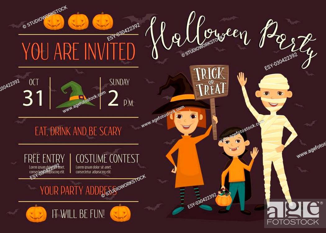 Halloween night party invitation with place for text. Funny kids in  carnival costumes mummy, Stock Vector, Vector And Low Budget Royalty Free  Image. Pic. ESY-030422392 | agefotostock