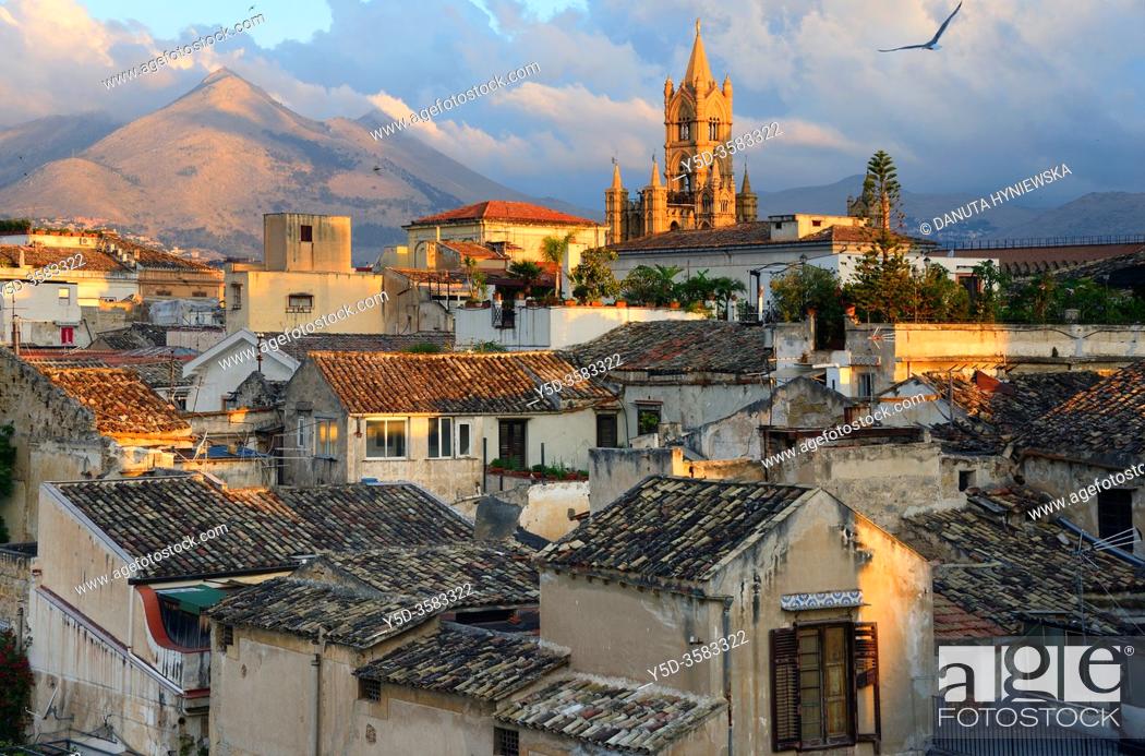 Stock Photo: In foreground architecture of old town of Palermo, In background towers and Cupola of Roman Catholic Archdiocese of Palermo.