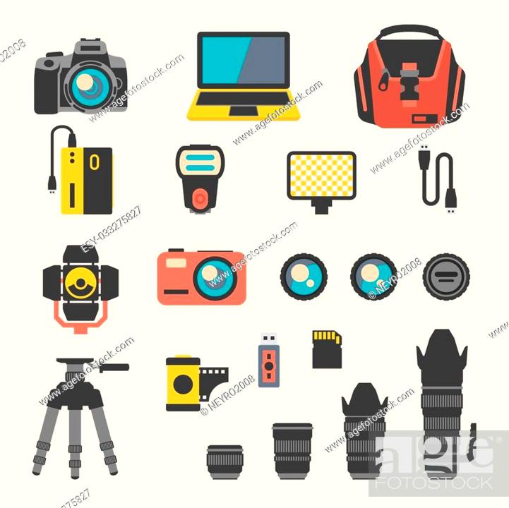 Stock Vector: Photographer kit with camera elements. Photography and digital equipment, lens and film. Vector illustration flat icons set.