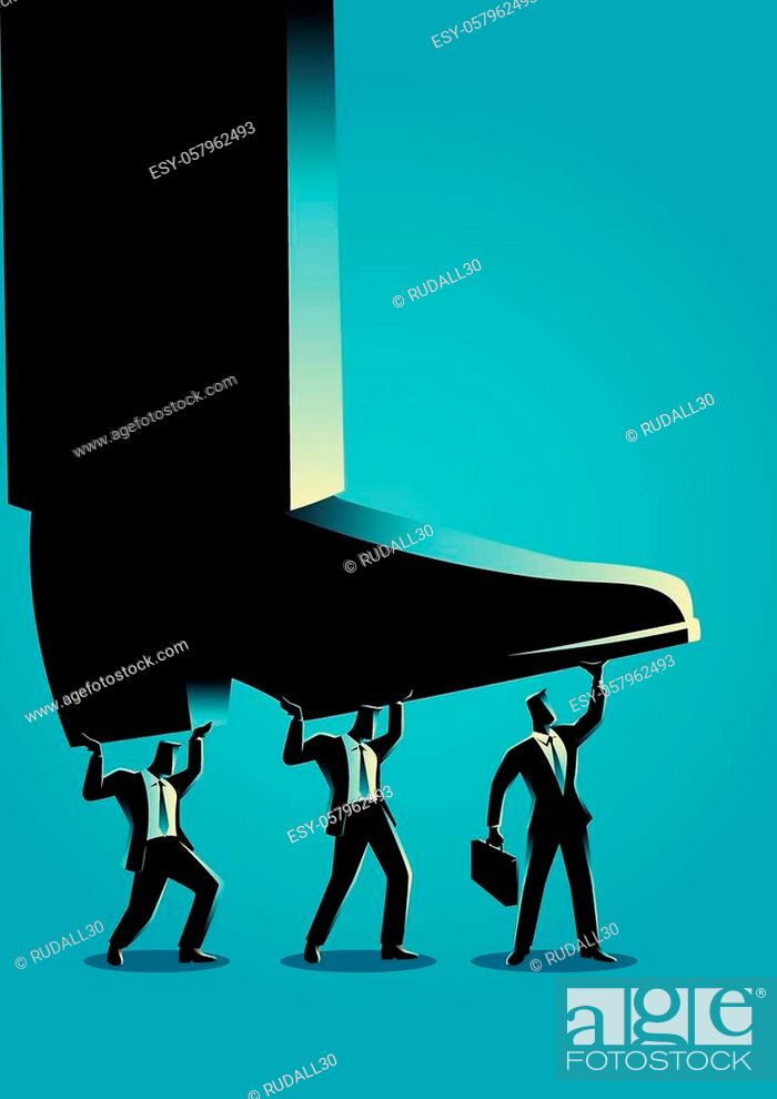 Stock Vector: Business concept vector illustration of businessmen trying to lift up giant foot.