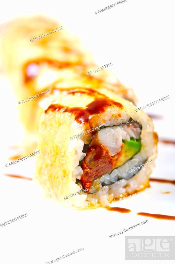 Stock Photo: macro closeup of fresh sushi choice combination assortment selection.