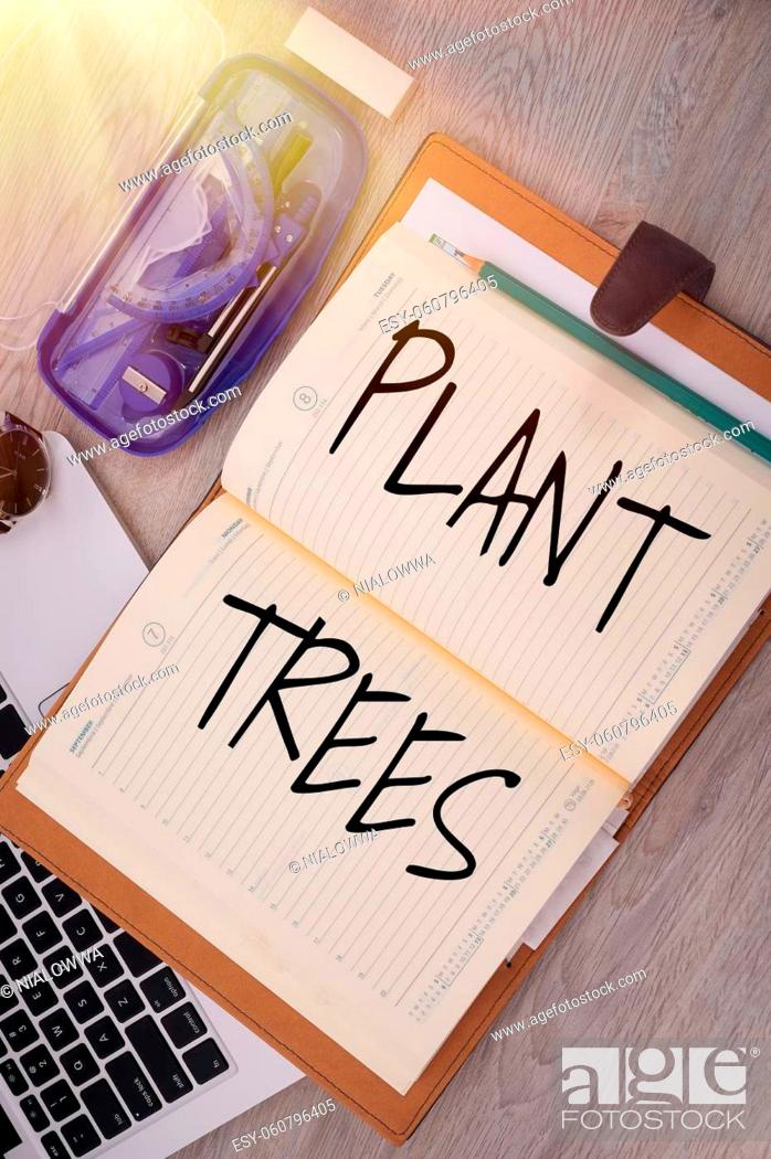 Stock Photo: Hand writing sign Plant Trees, Business idea process of planting a tree for land cultivation and forestry Opened Empty Notepad Over A Laptop With Compass Pen.