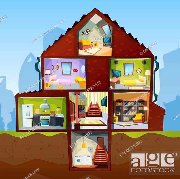House cross section. Room indoor bedroom basement apartment interior vector  cartoon style pictures, Stock Vector, Vector And Low Budget Royalty Free  Image. Pic. ESY-057251872 | agefotostock