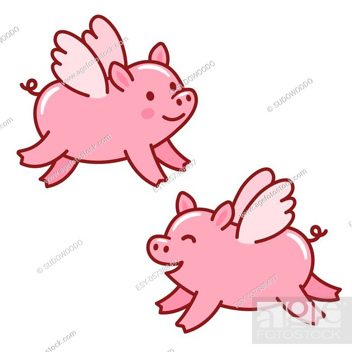 Two cute cartoon flying piggies with wings. 