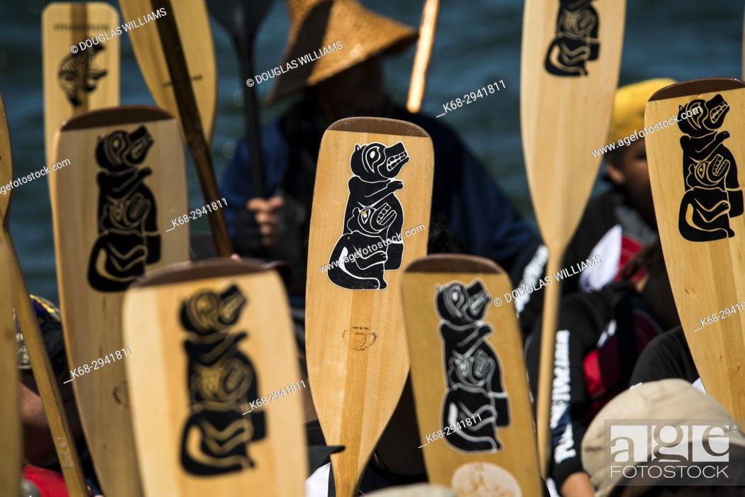 Stock Photo: Gathering of Canoes, First Nations ceremony, Vanier Park, Vancouver, BC, Canada.