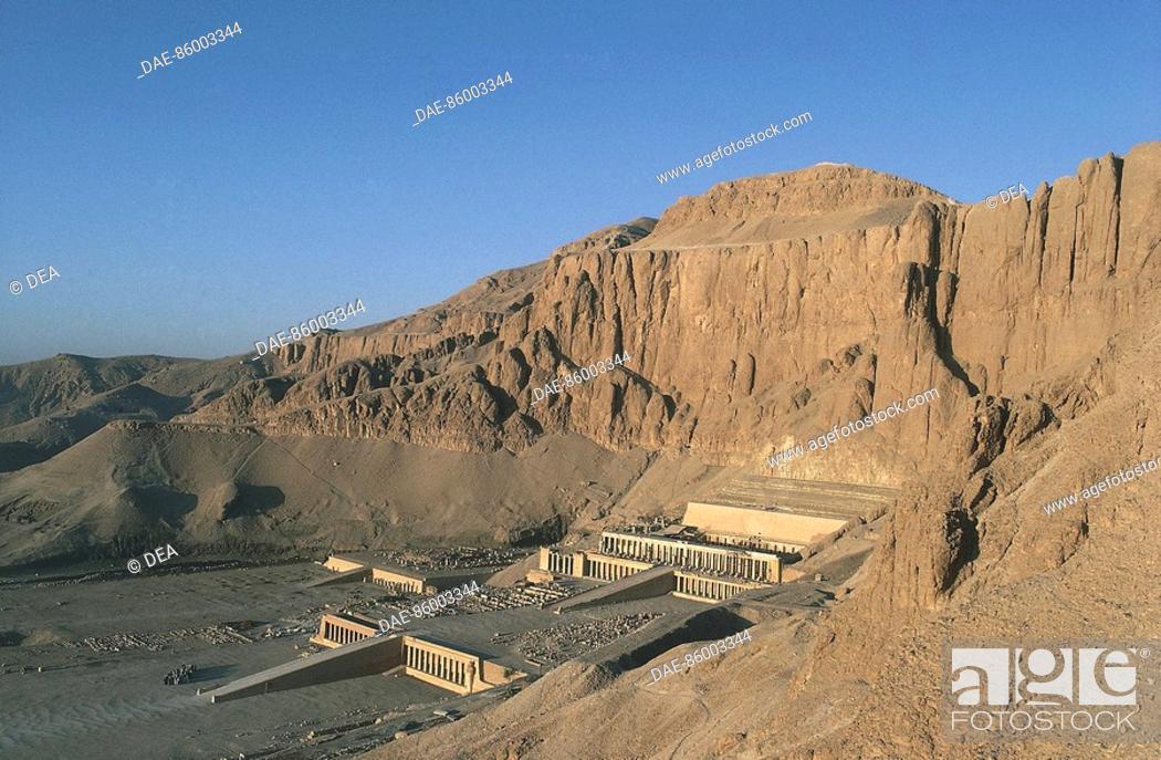 Stock Photo: Egypt - Ancient Thebes (UNESCO World Heritage List, 1979). Valley of the Kings. Temple of Hatshepsut at Dayr al-Bahri.