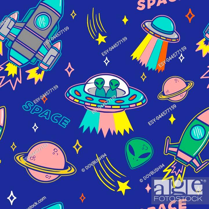 Cartoon colorful set seamless pattern with UFO aliens spaceship planet and  stars on dark background, Stock Vector, Vector And Low Budget Royalty Free  Image. Pic. ESY-044577159 | agefotostock