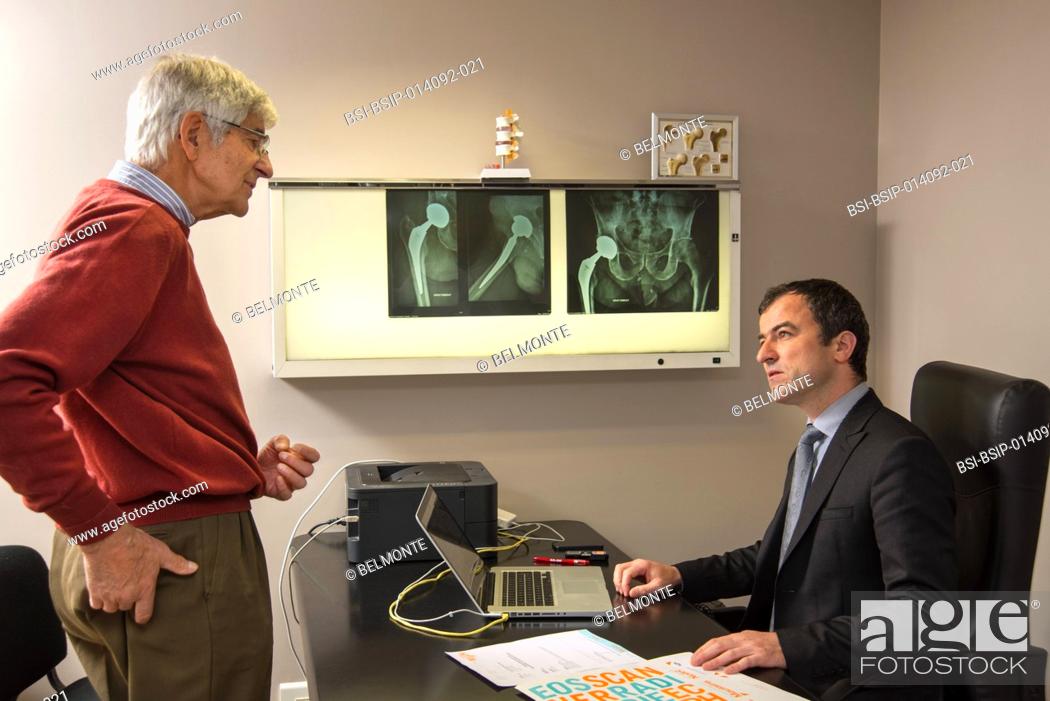 Stock Photo: Reportage in Nollet Clinic in Paris, France. Post-op consultation (hip replacement) with Dr Nogier, a hip surgeon.