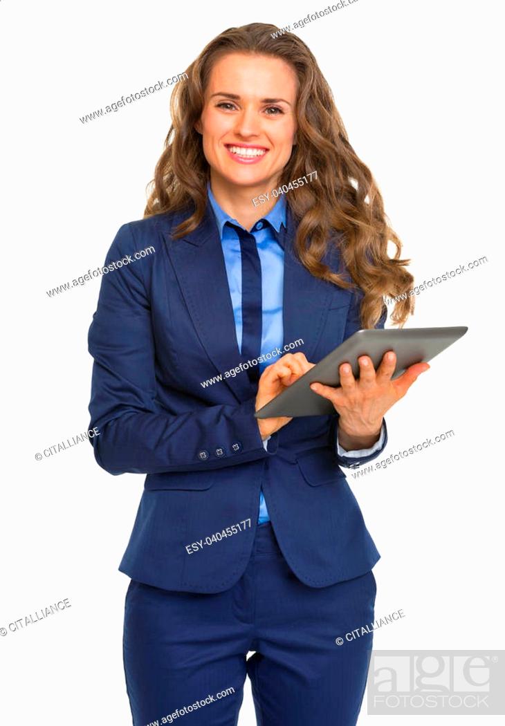 Stock Photo: Happy business woman using tablet pc.