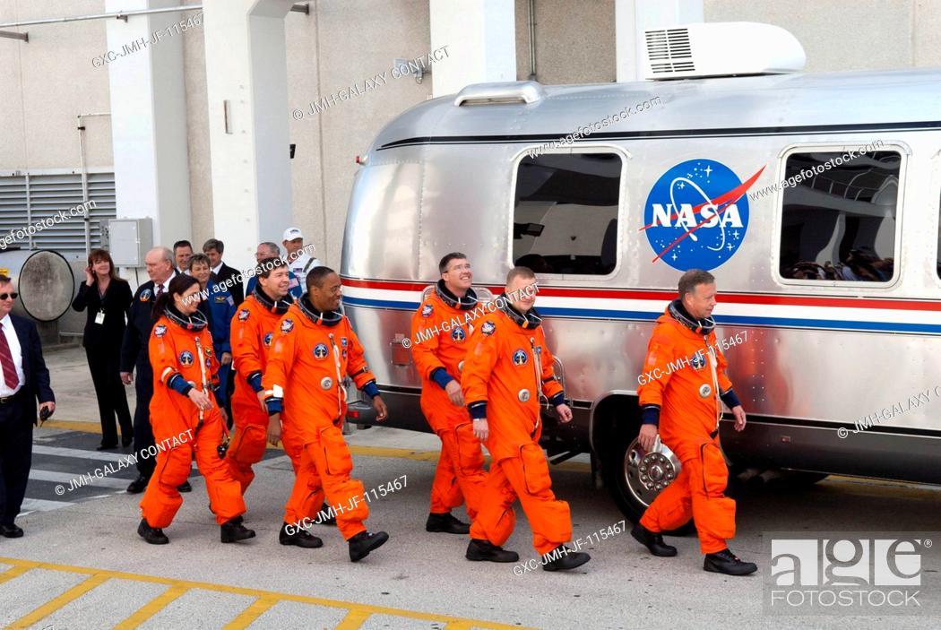 Stock Photo: At the Operations and Checkout Building at NASA's Kennedy Space Center in Florida, space shuttle Discovery's STS-133 astronauts.