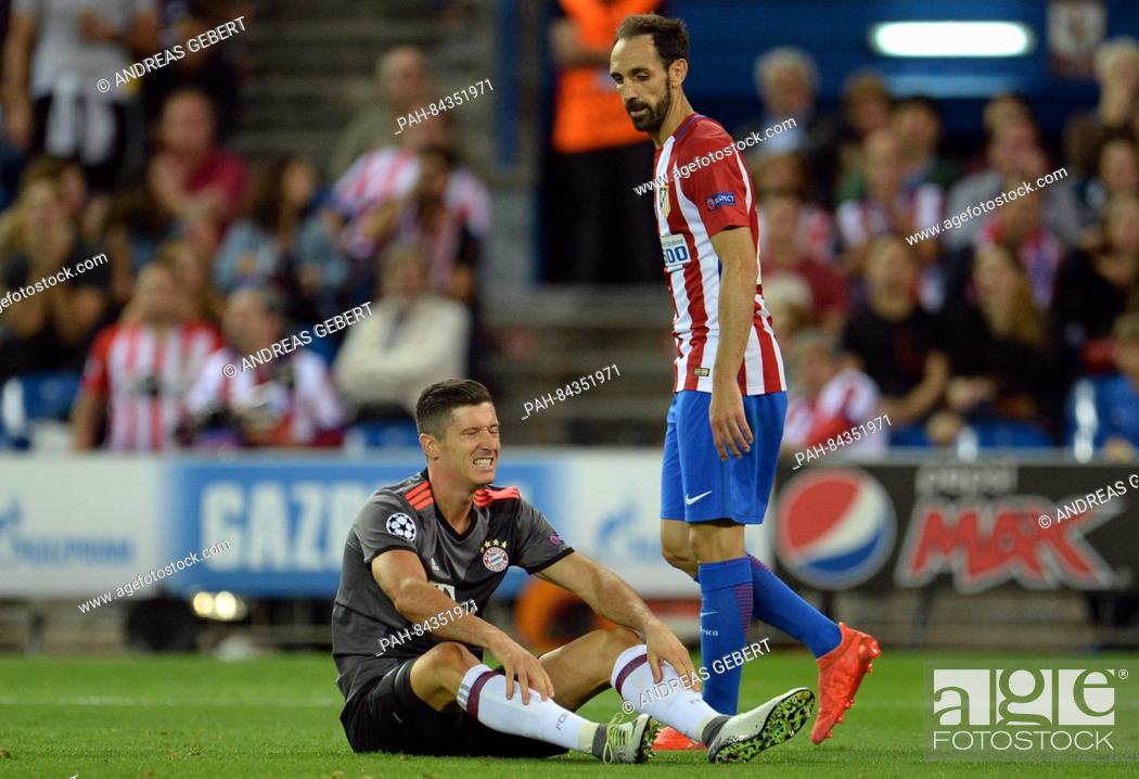 Stock Photo: Munich's Robert Lewandowski (l) sitting on the ground next to Madrid's Diego Godin (r) during the Champions League Group D soccer match between Atletico Madrid.