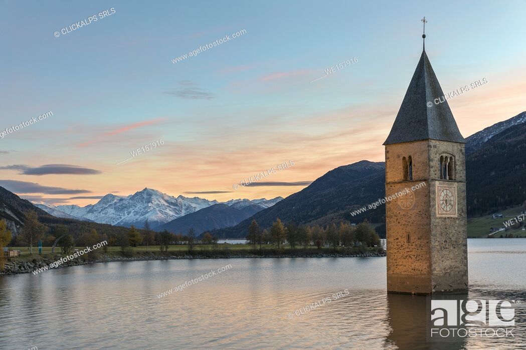Stock Photo: The submerged bell tower of Curon Venosta, province of Bolzano, Alto Adige district, Italy.