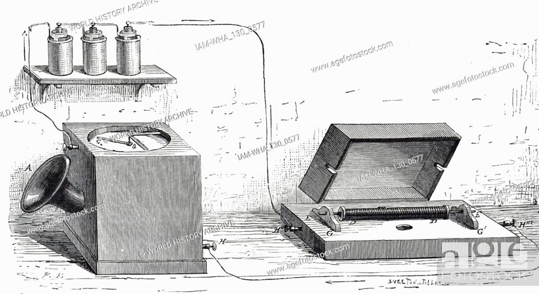 Stock Photo: An engraving depicting Johann Philipp Reis's ""musical"" telephone: Transmitter (left) and receiver. Johann Philipp Reis (1834-1874) a German scientist.
