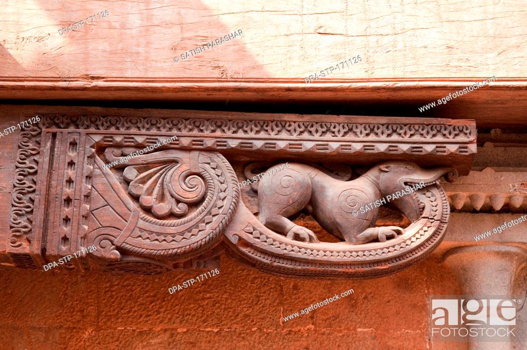 Stock Photo: Wood carving on someshwar temple at Rajwadi , Sangmeshwar , Ratnagiri , Maharashtra , India.
