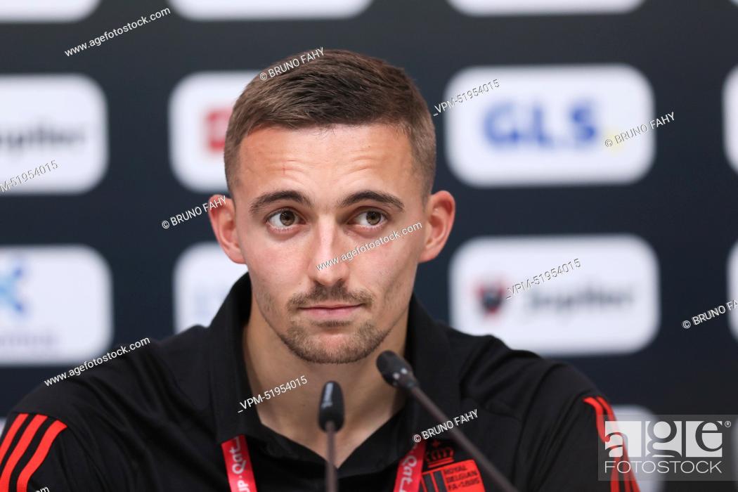 Stock Photo: Belgium's Timothy Castagne pictured during a press conference of the Belgian national soccer team the Red Devils, at the Hilton Salwa Beach Resort, in Abu Samra.