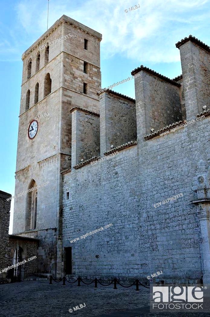 Stock Photo: Ibiza Cathedral, old town, seen from the front, at the entrance.
