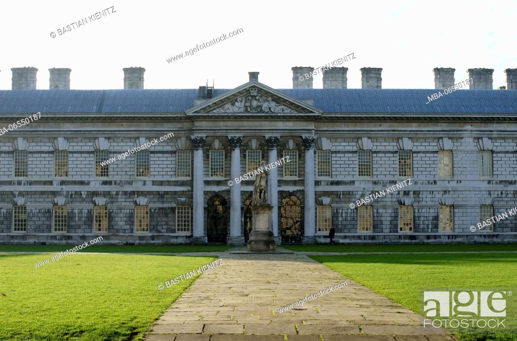 Stock Photo: A guest walking along a park of the royal Naval college in Greenwich in London,.