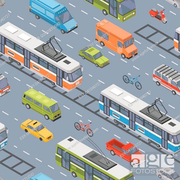 Stock Vector: Motor vehicles of various types driving on road - car, scooter, bus, tram, trolleybus, minivan, pickup truck. Automobile transport on city street.