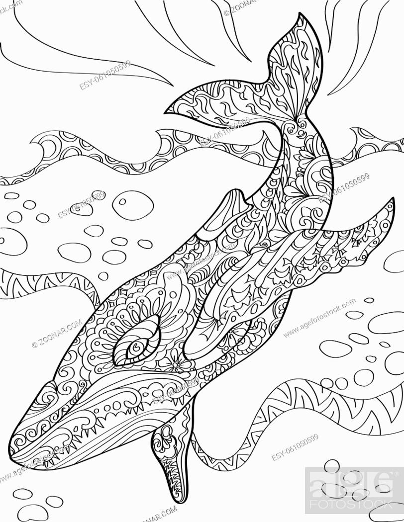 Stock Photo: Large Whale Diving Deep Into The Sea Colorless Line Drawing.