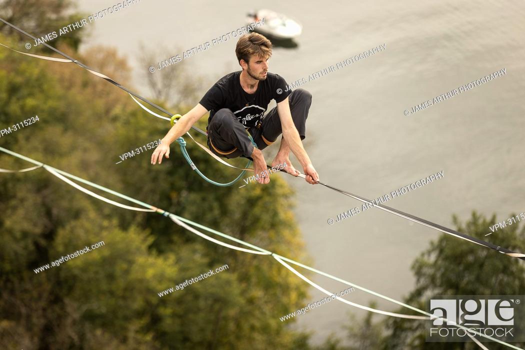 Stock Photo: Illustration picture shows the Belgian highline record attempt, at the Freyr climbing site, near Dinant, Sunday 17 October 2021.