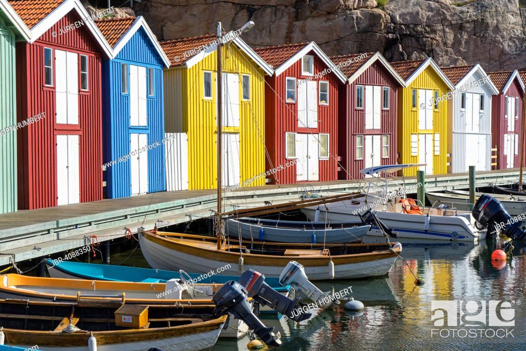 Stock Photo: Fishing boats and colourful boathouses, harbour of Smögen, Smögenbryggan, Västra Götaland County, Bohuslän, Sweden.