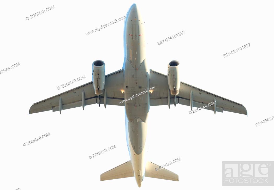 Photo de stock: passenger commercial jet plane isolated on white background. from below bottom view.