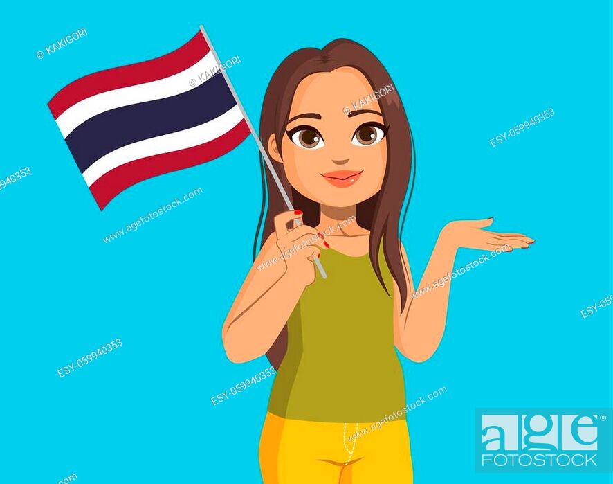 Beautiful young native Thai woman waving Thailand Flag on blue background  and making showing gesture, Stock Vector, Vector And Low Budget Royalty  Free Image. Pic. ESY-059940353 | agefotostock