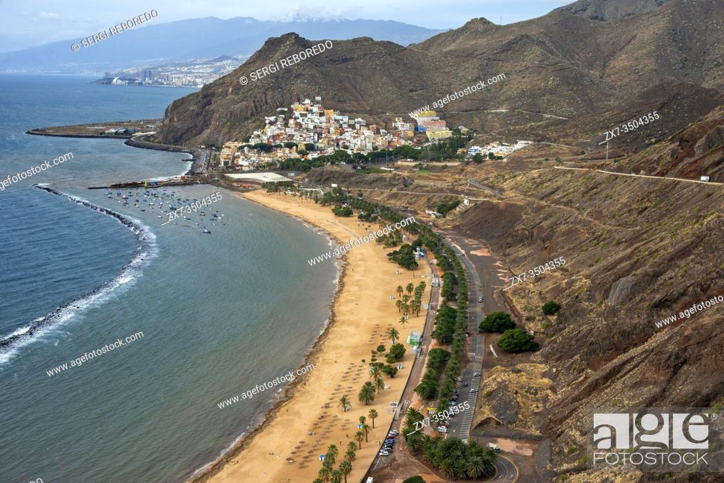 Stock Photo: Aerial view and panoramic view of Teresitas Beach and San Andres, Canary Islands, Spain.