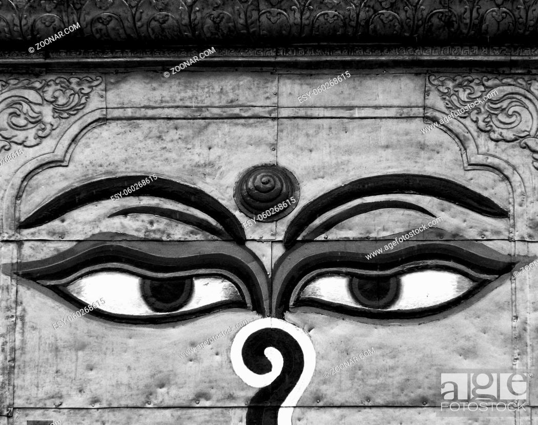 Stock Photo: Entrancing Monochrome close up of Eyes of Buddha, Kathmandu, Nepal. High quality photo.
