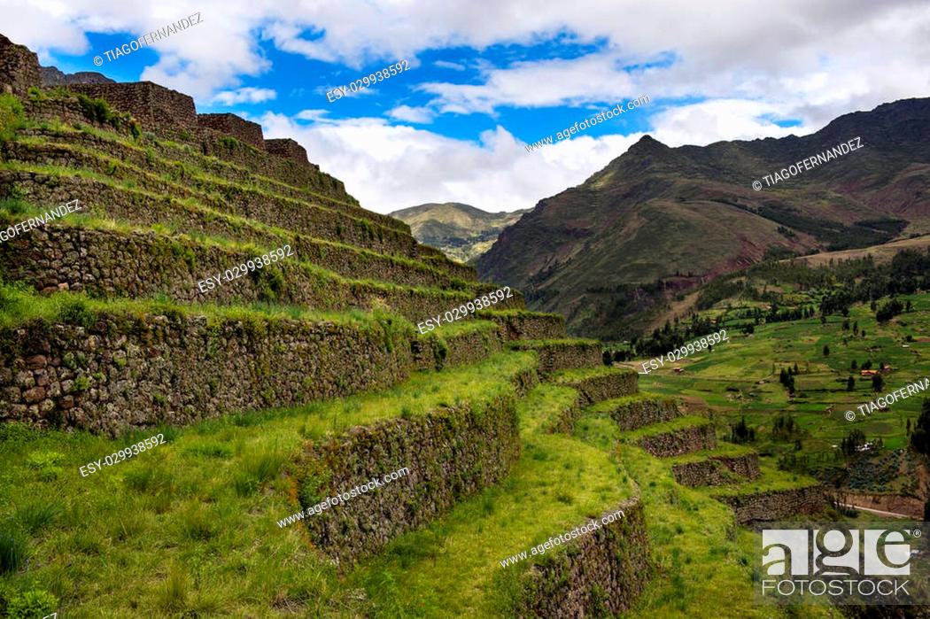 Stock Photo: Old Inca built terraces near the ruins of Pisac, in the Sacred Valley, Peru.