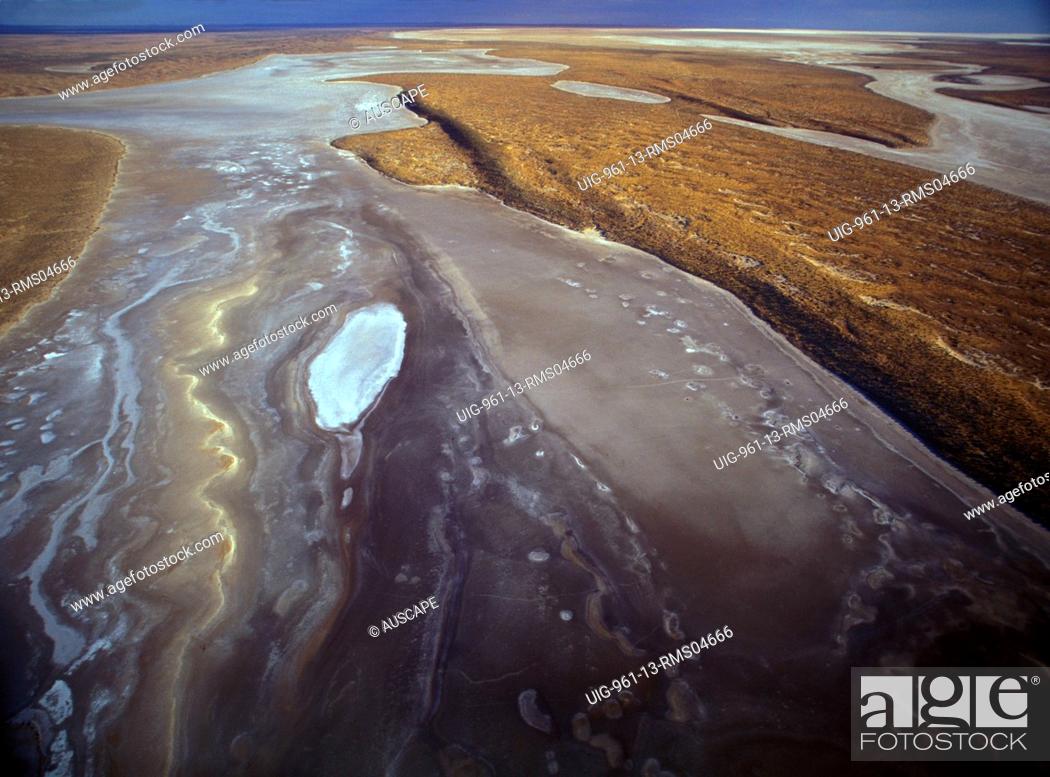 Stock Photo: Lake Eyre was three-quarters full, This aerial view shows claypans along the south-eastern edge of Lake Eyre, Australia.