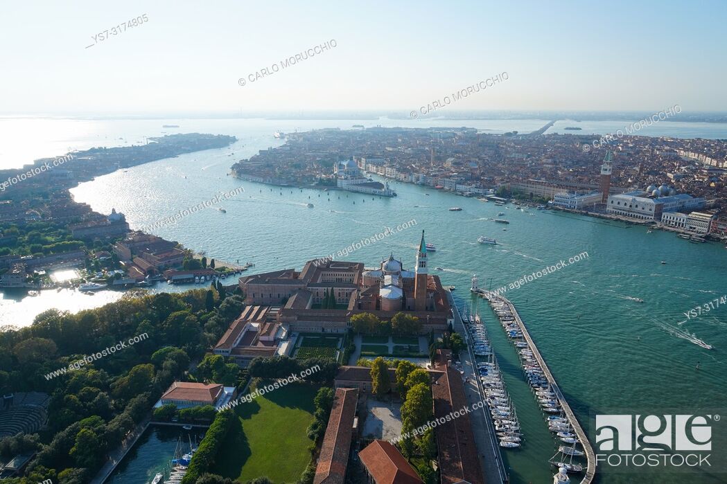 Stock Photo: Aerial view of Venice, Giudecca and San Giorgio island, Venice Lagoon, Italy, Europe.